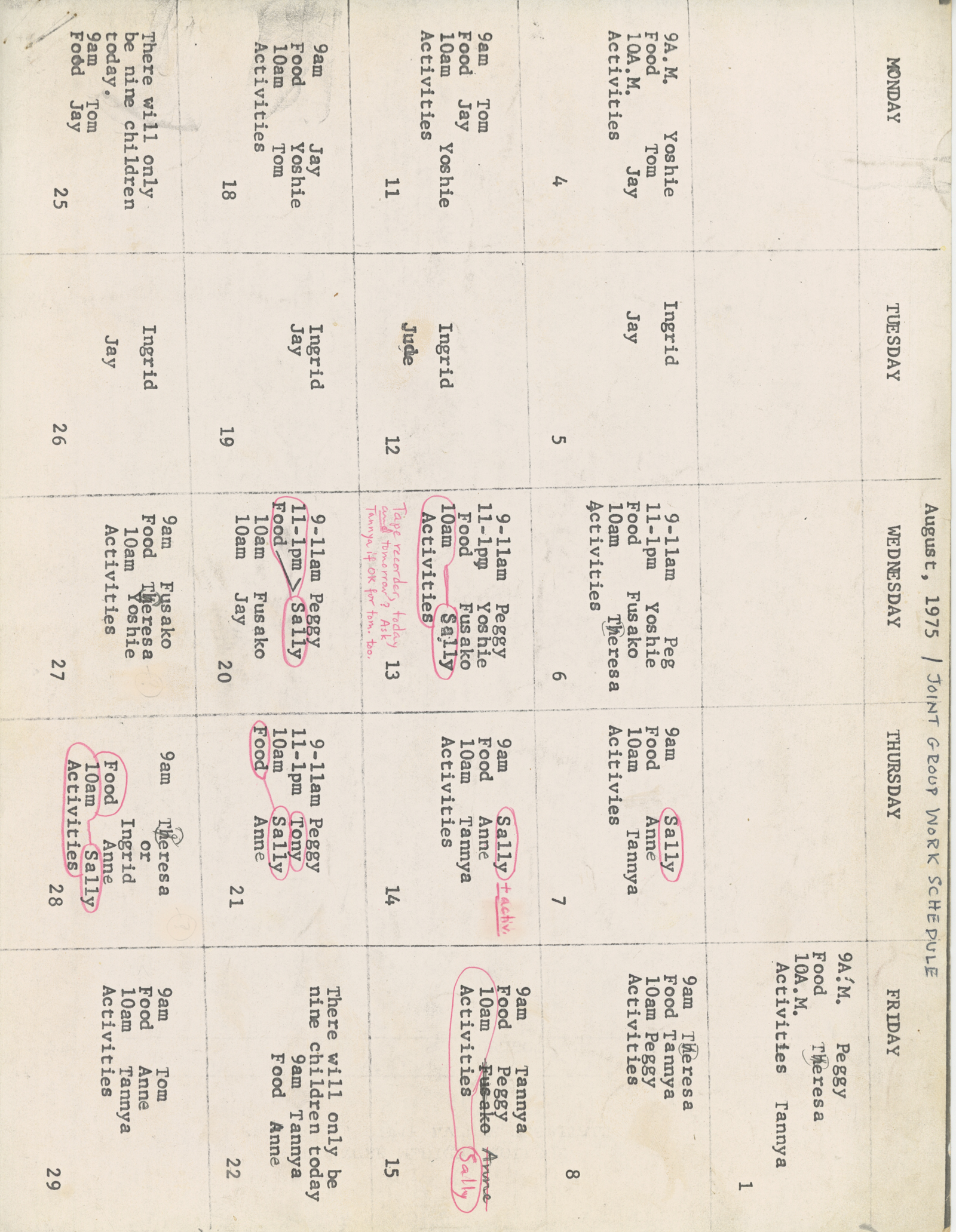 SoHo Playgroup Schedule (1975)