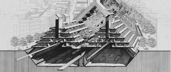 Architect Paul Rudolph’s design for a mixed-use development above the proposed Lower Manhattan Expressway, 1967