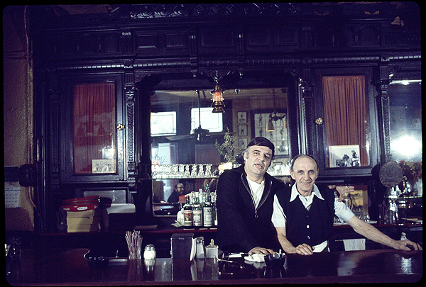 Raymond Fanelli, (right), Mike Fanelli’s son, with a coworker behind the bar at Fanelli’s (1975)