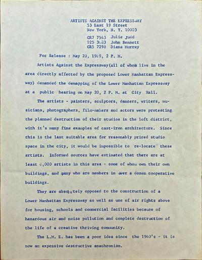 Artists Against the Expressway press release for a City Hall public hearing on May 20, 1969