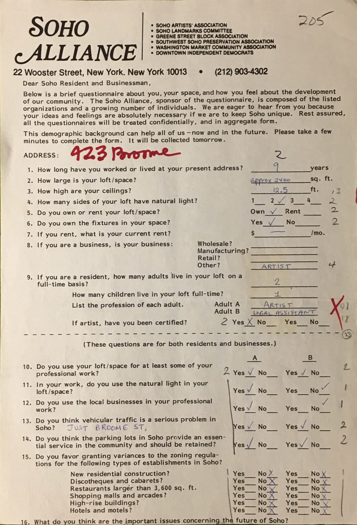 SoHo Survey Questionnaire 1983