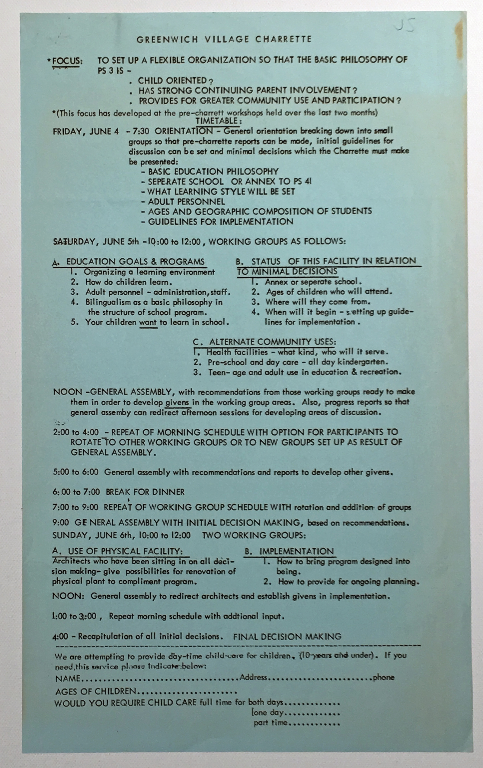 Greenwich Village Charrette Agenda ca. 1970