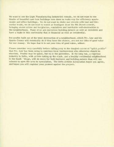 SoHo Artists Association Position Paper Sports Center Impact (Ca 1972)