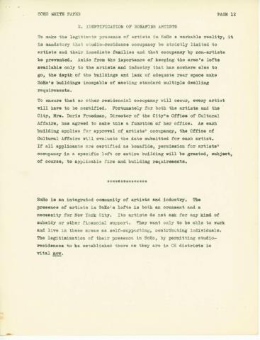 SoHo Artists Association White Paper Need To Legitimate Artists Studio-residences (1970)