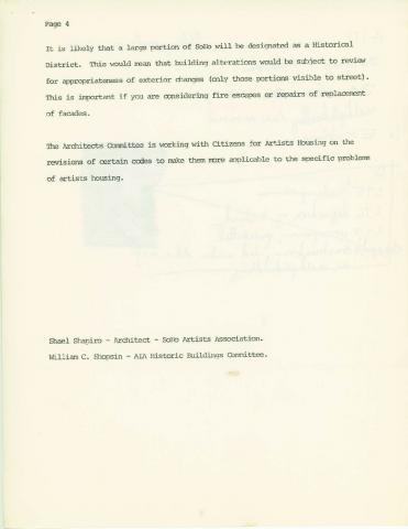 SoHo Artists Association Draft Report Of Architecture Committee (1971)