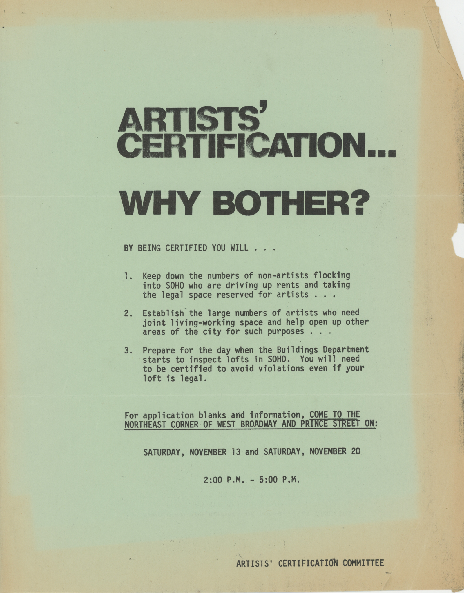 Artists’ Certification Why Bother? ca. 1971