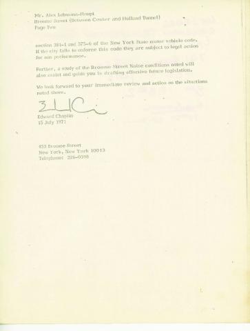 Letter Re: Broome Street Car Noise Conditions (1971)