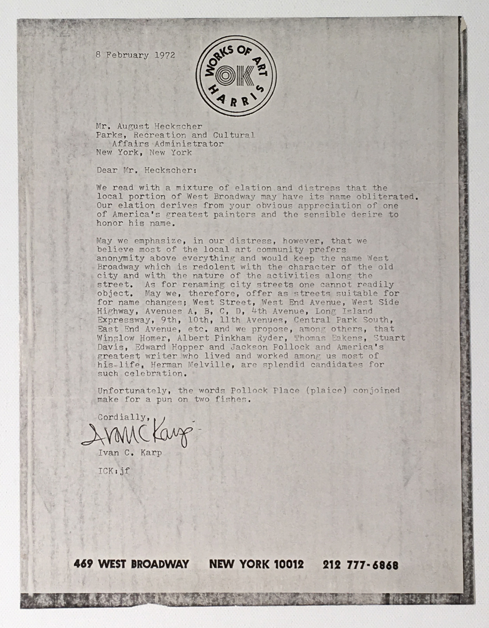 Letter from Ivan Karp about Renaming West Broadway Jackson Pollock Place (1972)