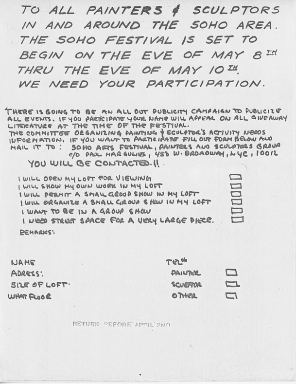 SoHo Festival Flyer - to recruit SoHo artists to participate in the May 1970 (? or thereabouts) festival