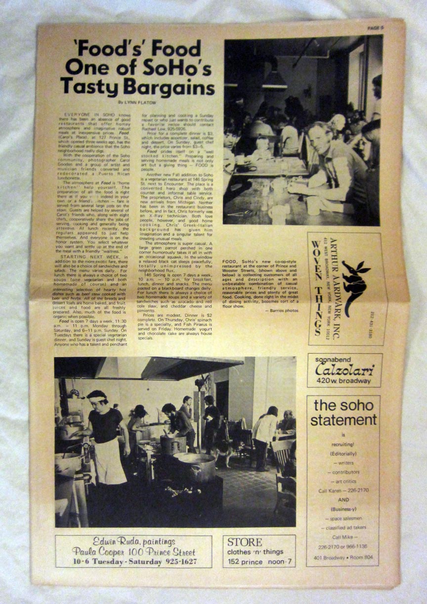 A review of the restaurant FOOD in the November 20, 1971 (Vol. 1 No. 1) issue of the The Soho Statement.  Does anyone remember that paper?