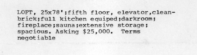 Loft For Sale - Copy for an advertisement, date unknown.  Sounds like a nice place.  And I think it was on West Broadway!