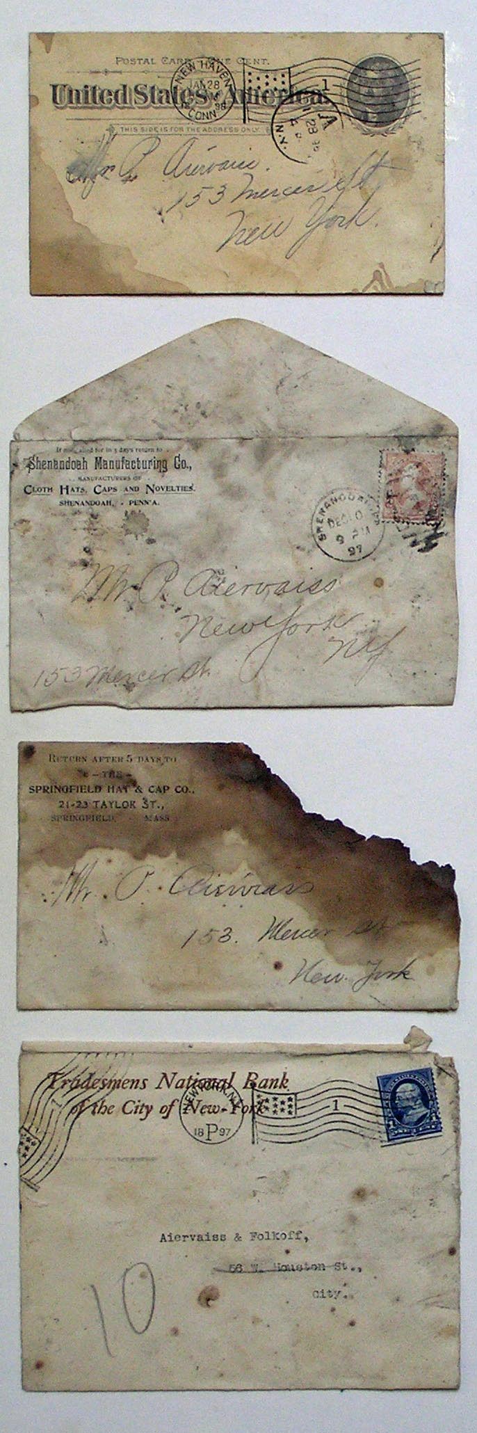 Mail addressed to P. Aiervaiss with late-19th century postmarks