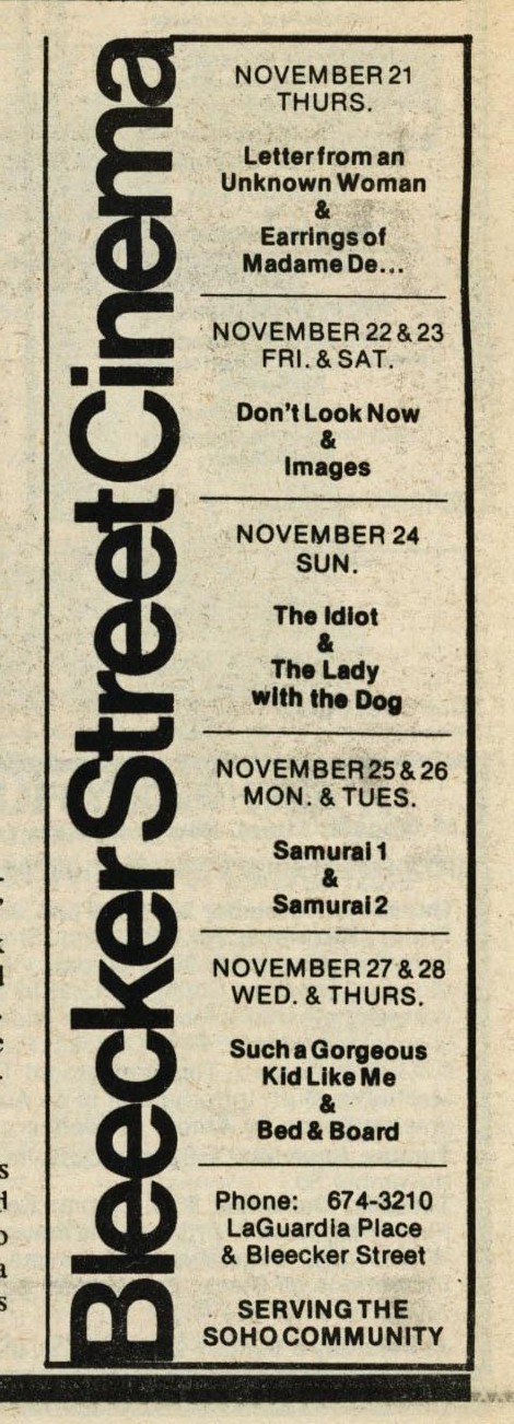 Check out what was playing the the Bleecker Street Cinema in 1974