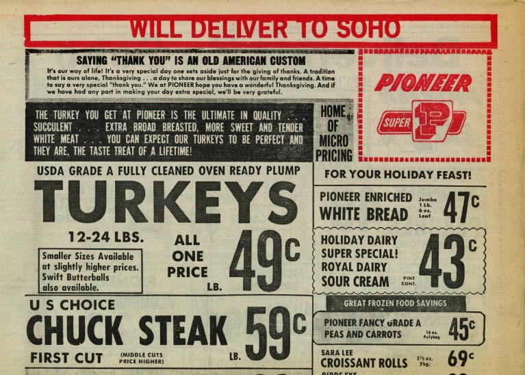 An advertisement for Pioneer Supermarket boldly declaring "Will Deliver to SoHo" as if it were an act of bravery