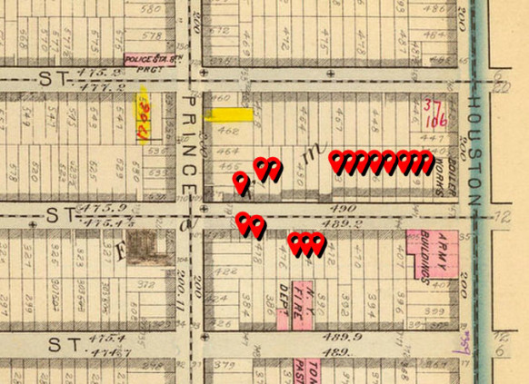 Red markers show the locations of brothels in 1870 and 1880. (image: G.W. BROMLEY & CO. / DAVID RUMSEY COLLECTION)