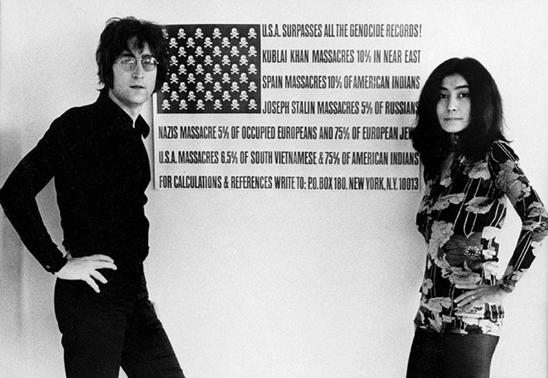  More details John Lennon and Yoko Ono standing in front of Maciunas' USA Surpasses all the Genocide Records!, c.1970 (photo: Wikipedia)